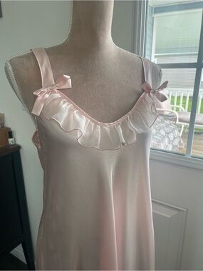 Lester Square Satin Pink Ruffle Nightgown with Bow Straps, M-L (21” pit to pit)